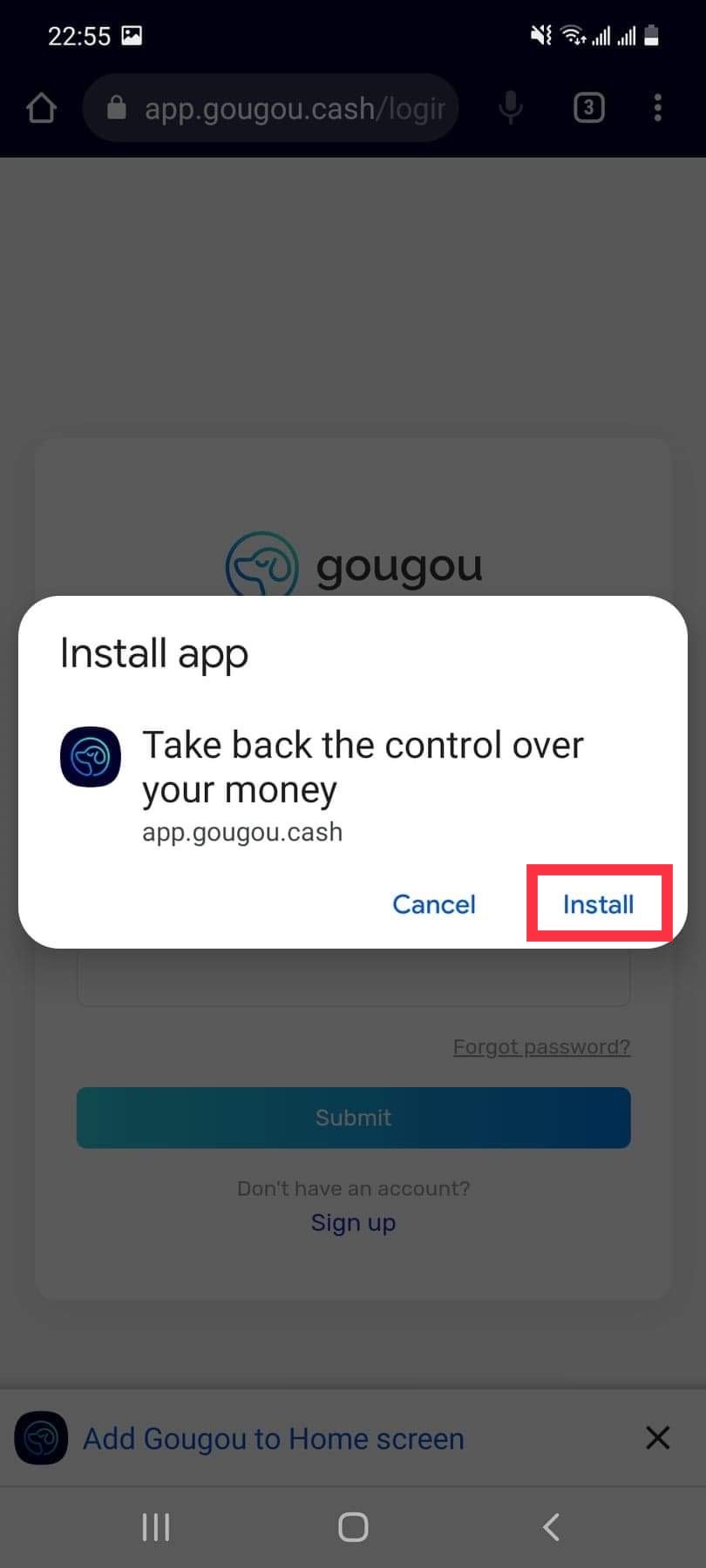 Installing Gougou app as PWA on Android