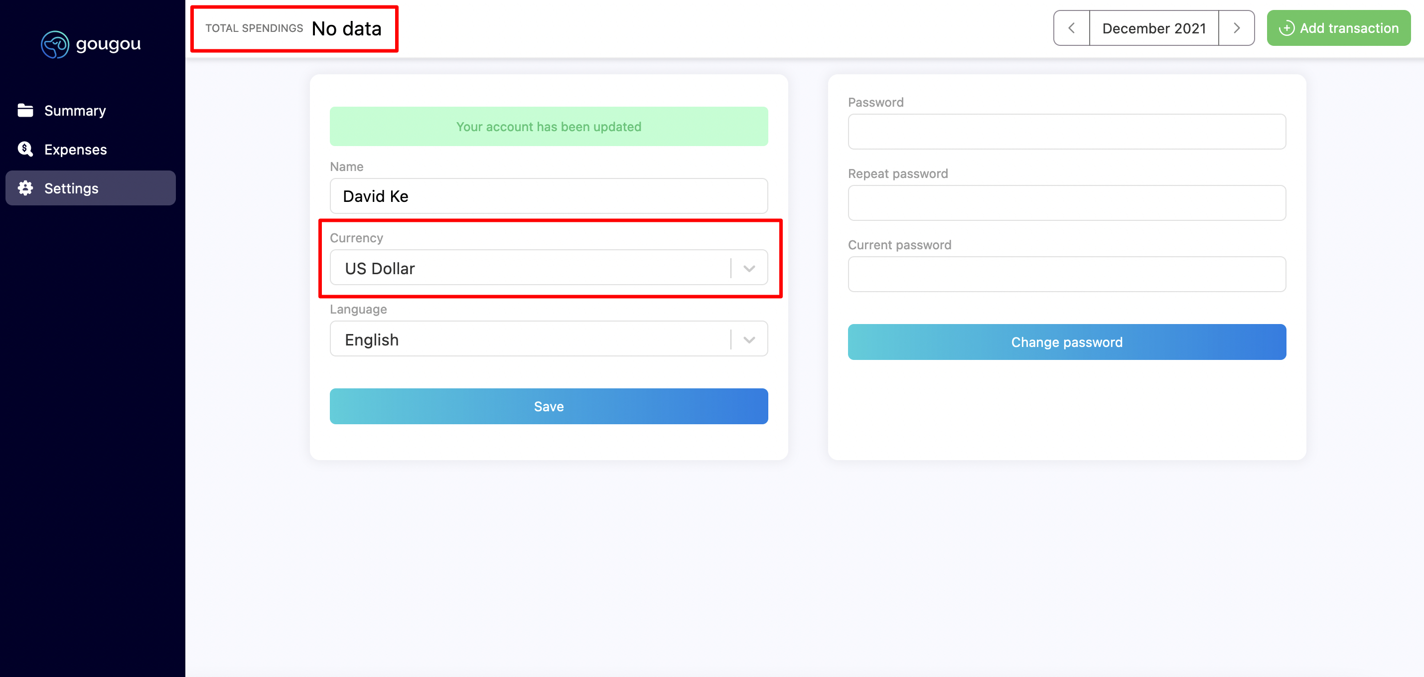 Switching currency changes the wallet