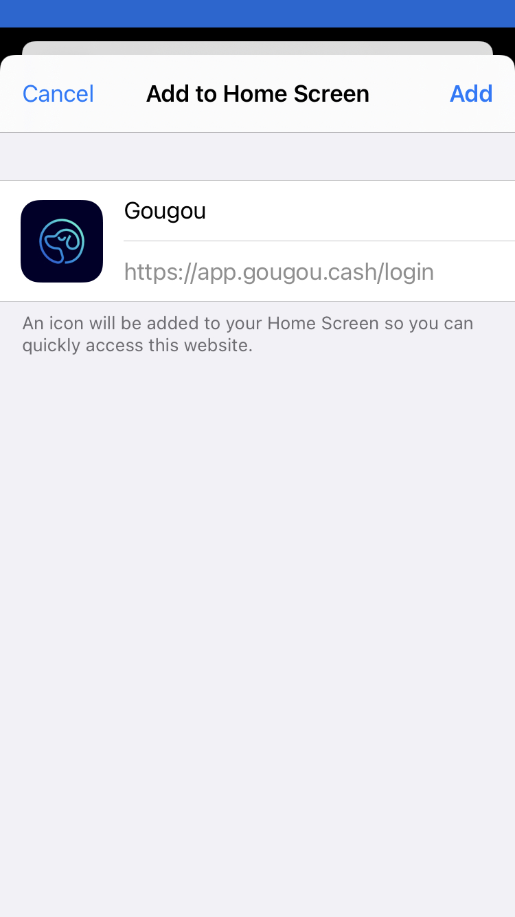Confirm adding the Gougou app to home screen on iOS